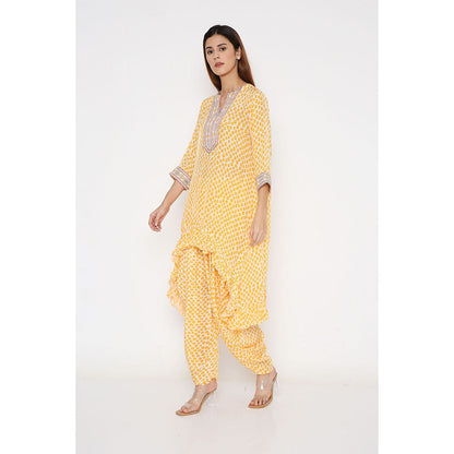 Neha Mehra Saffron Polka Crepe Asymmetrical Ruffle Kurta with Dhoti Pants (Set of 2)