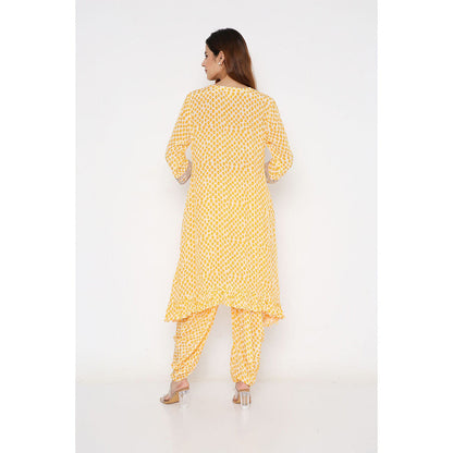 Neha Mehra Saffron Polka Crepe Asymmetrical Ruffle Kurta with Dhoti Pants (Set of 2)