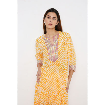 Neha Mehra Saffron Polka Crepe Asymmetrical Ruffle Kurta with Dhoti Pants (Set of 2)