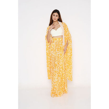 Neha Mehra Saffron Ikat Crepe Cape with Drape Skirt and Off-White Bustier (Set of 3)