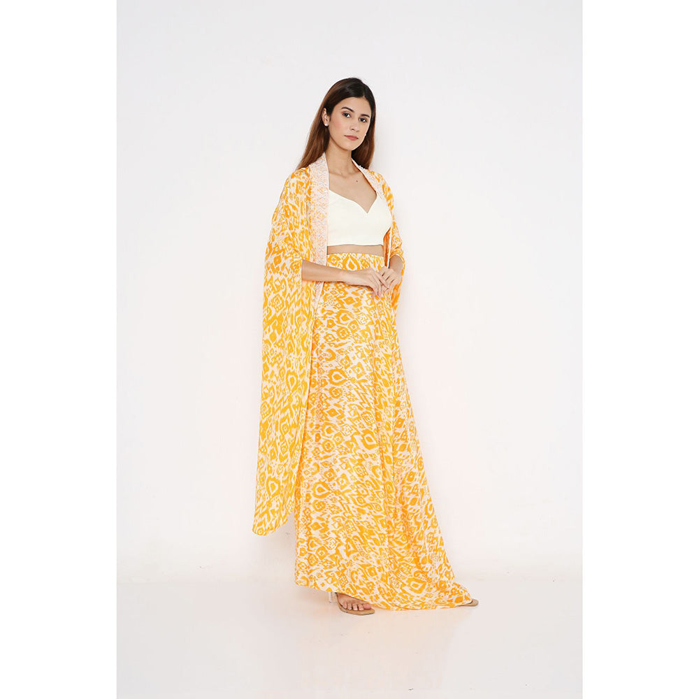 Neha Mehra Saffron Ikat Crepe Cape with Drape Skirt and Off-White Bustier (Set of 3)