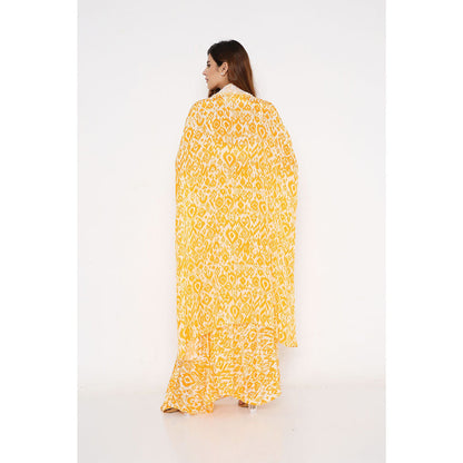 Neha Mehra Saffron Ikat Crepe Cape with Drape Skirt and Off-White Bustier (Set of 3)