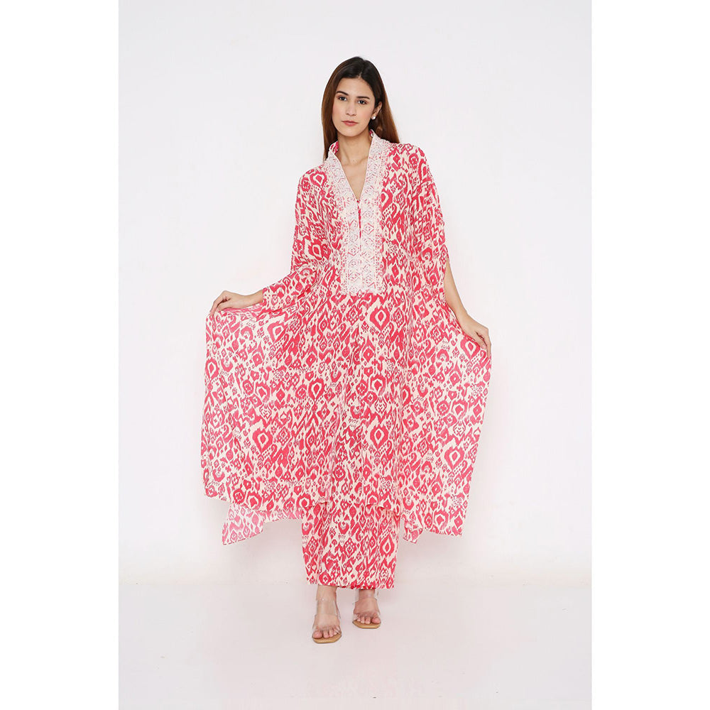 Neha Mehra Pink Ikat Crepe Front Slit Kaftan with Flared Pants (Set of 2)