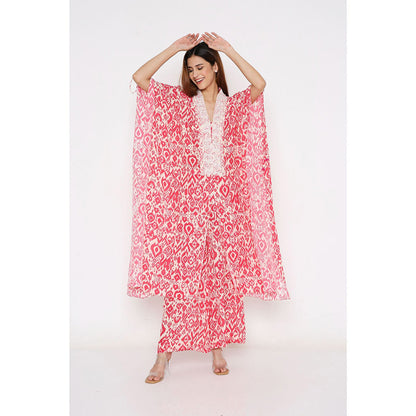 Neha Mehra Pink Ikat Crepe Front Slit Kaftan with Flared Pants (Set of 2)