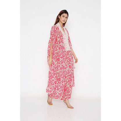 Neha Mehra Pink Ikat Crepe Front Slit Kaftan with Flared Pants (Set of 2)