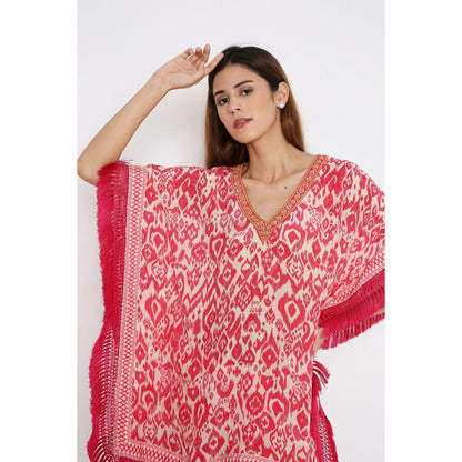 Neha Mehra Pink Ikat Crepe Short Kaftan with Straight Pant (Set of 2)