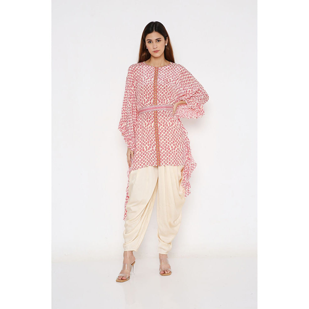 Neha Mehra Pink Polka Crepe Ruffle Kaftan with Belt and Modal Dhoti Pant (Set of 3)