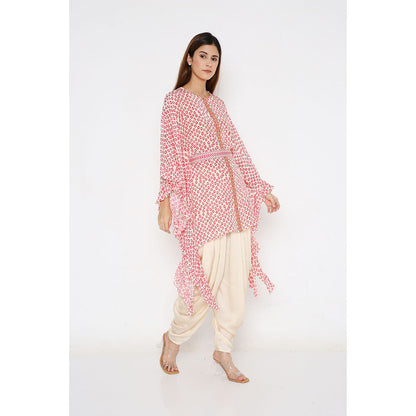 Neha Mehra Pink Polka Crepe Ruffle Kaftan with Belt and Modal Dhoti Pant (Set of 3)