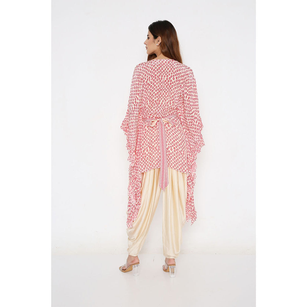 Neha Mehra Pink Polka Crepe Ruffle Kaftan with Belt and Modal Dhoti Pant (Set of 3)