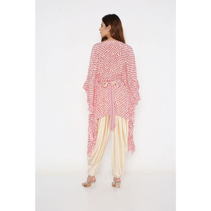 Neha Mehra Pink Polka Crepe Ruffle Kaftan with Belt and Modal Dhoti Pant (Set of 3)