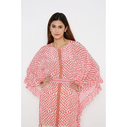 Neha Mehra Pink Polka Crepe Ruffle Kaftan with Belt and Modal Dhoti Pant (Set of 3)