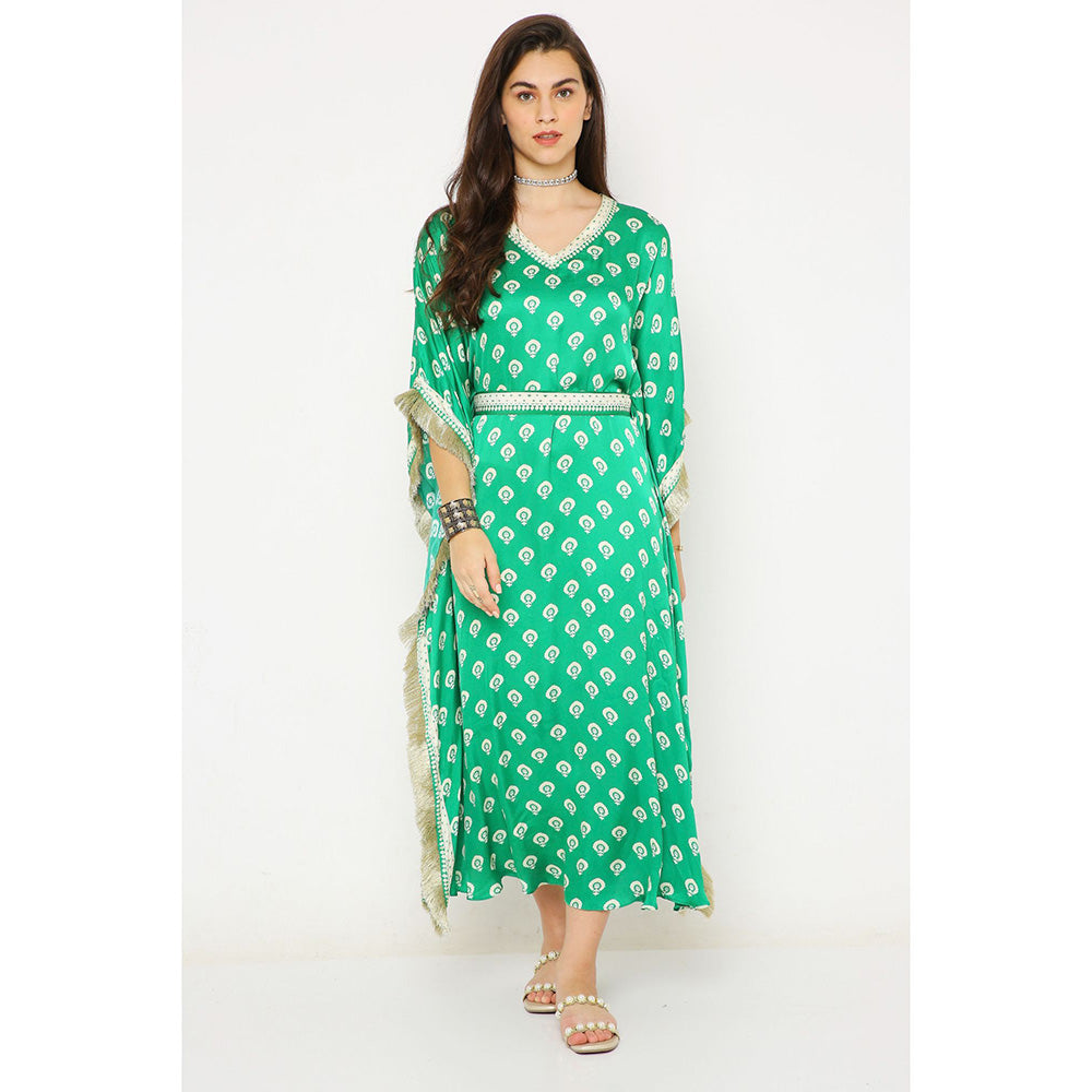 Neha Mehra Green Barfi Modal Long Kaftan Dress with Belt (Set of 2)