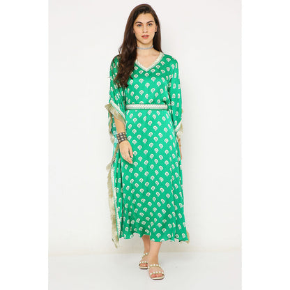 Neha Mehra Green Barfi Modal Long Kaftan Dress with Belt (Set of 2)
