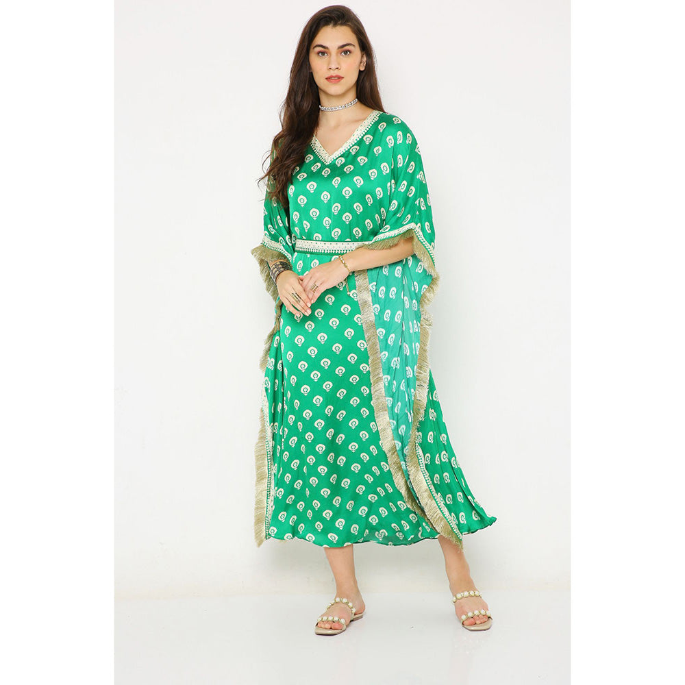 Neha Mehra Green Barfi Modal Long Kaftan Dress with Belt (Set of 2)
