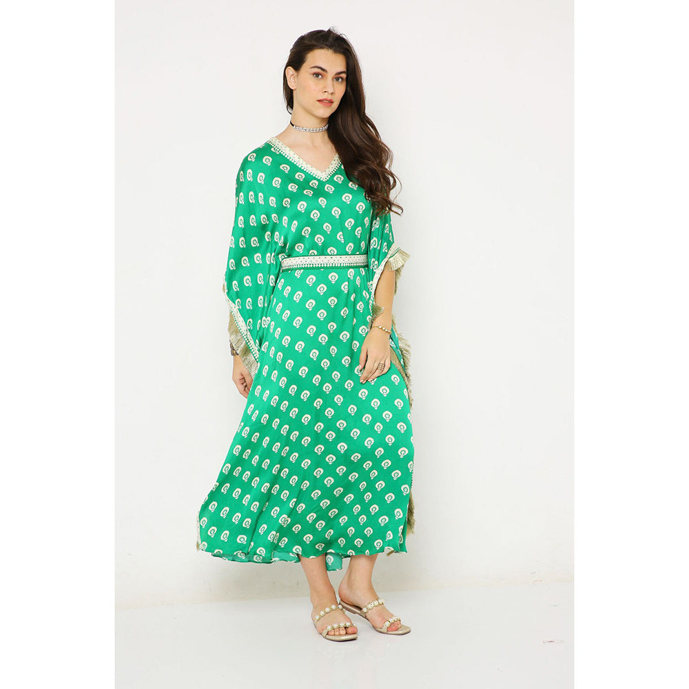 Neha Mehra Green Barfi Modal Long Kaftan Dress with Belt (Set of 2)
