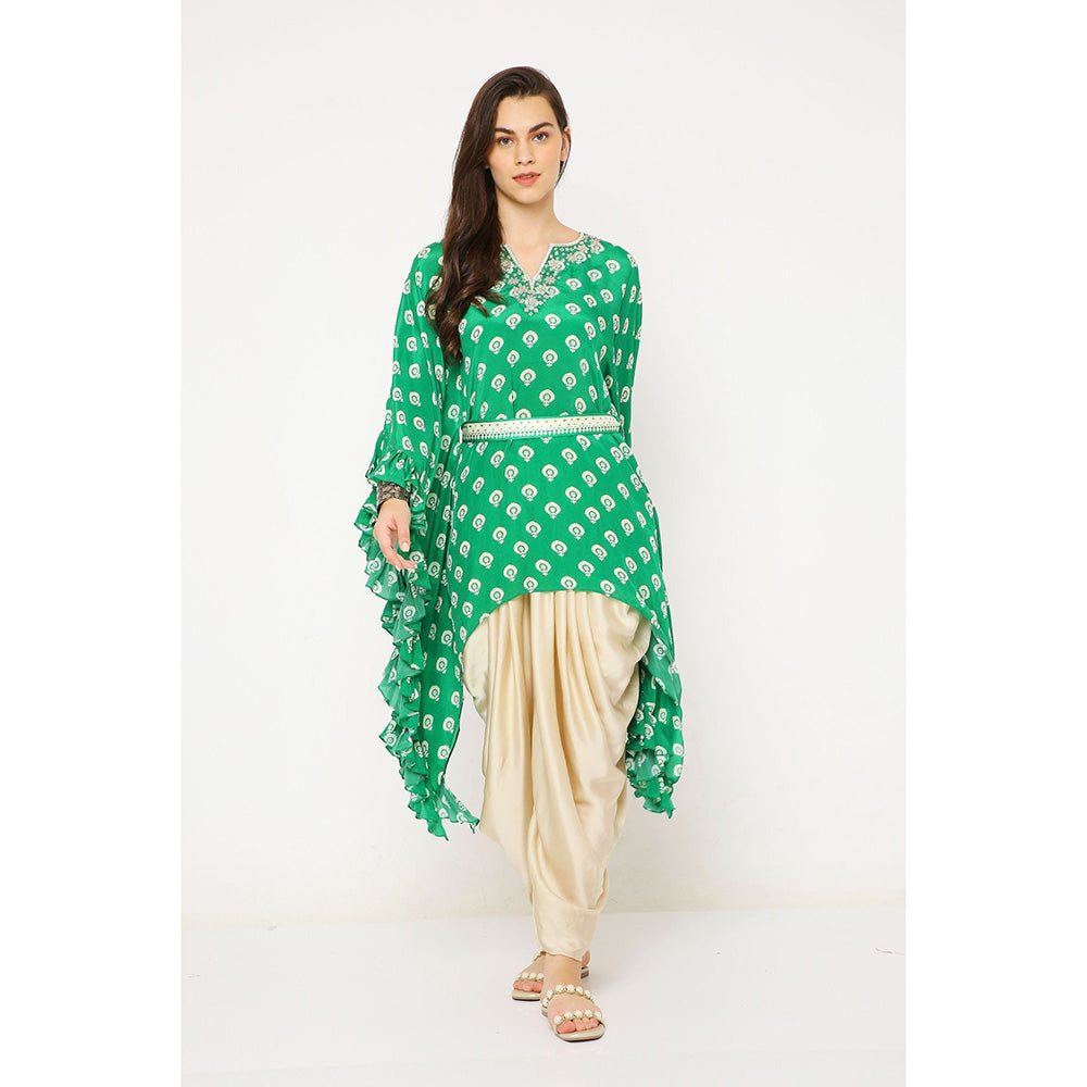 Neha Mehra Green Barfi Crepe Ruffle Kaftan with Belt and Dhoti Pants (Set of 3)