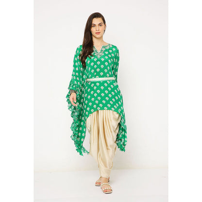 Neha Mehra Green Barfi Crepe Ruffle Kaftan with Belt and Dhoti Pants (Set of 3)