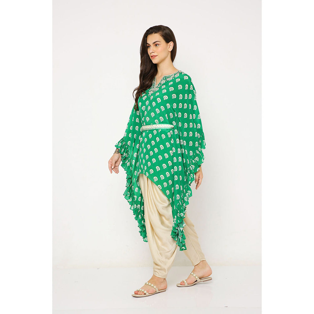 Neha Mehra Green Barfi Crepe Ruffle Kaftan with Belt and Dhoti Pants (Set of 3)