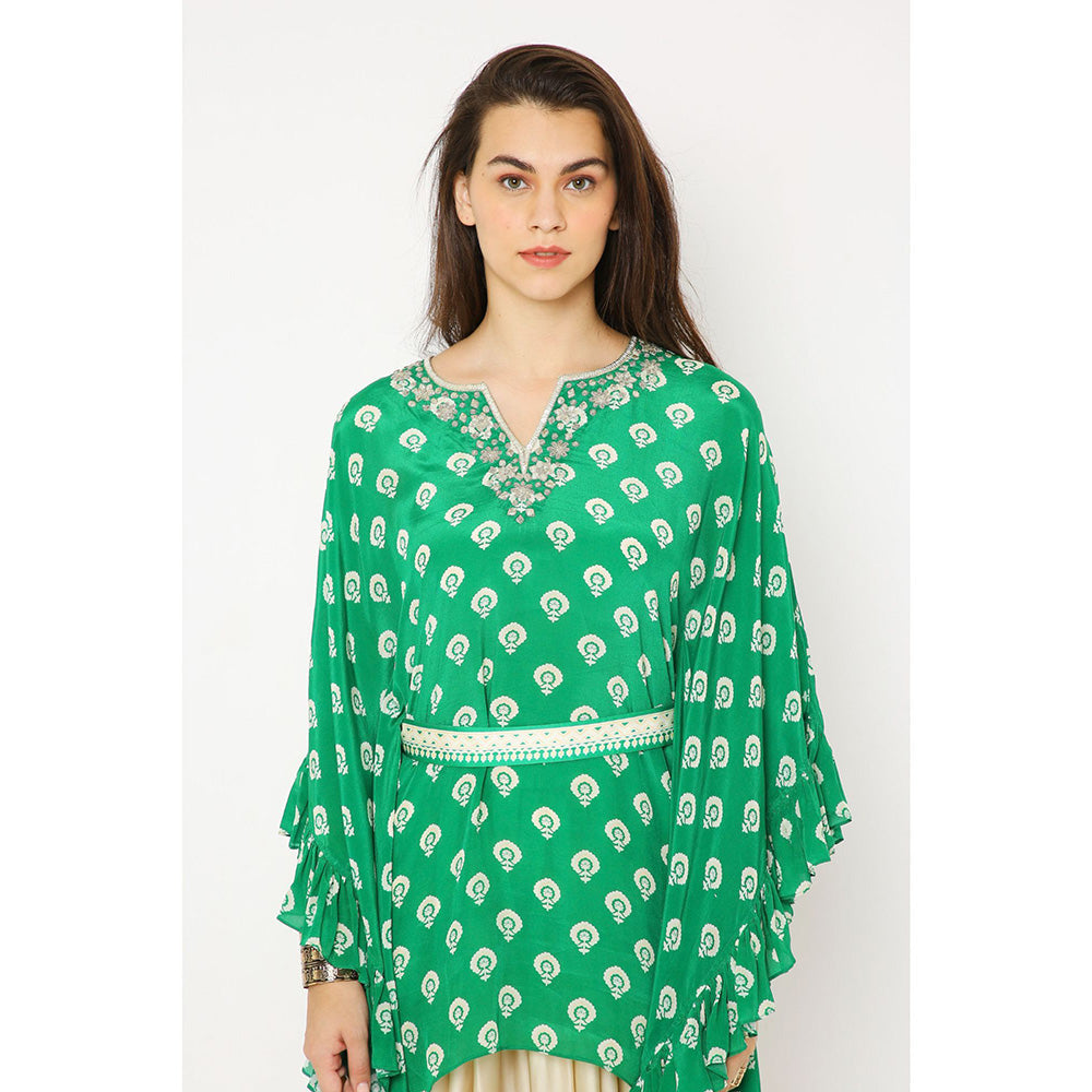 Neha Mehra Green Barfi Crepe Ruffle Kaftan with Belt and Dhoti Pants (Set of 3)