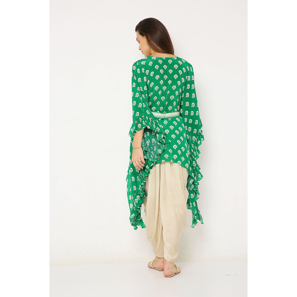 Neha Mehra Green Barfi Crepe Ruffle Kaftan with Belt and Dhoti Pants (Set of 3)