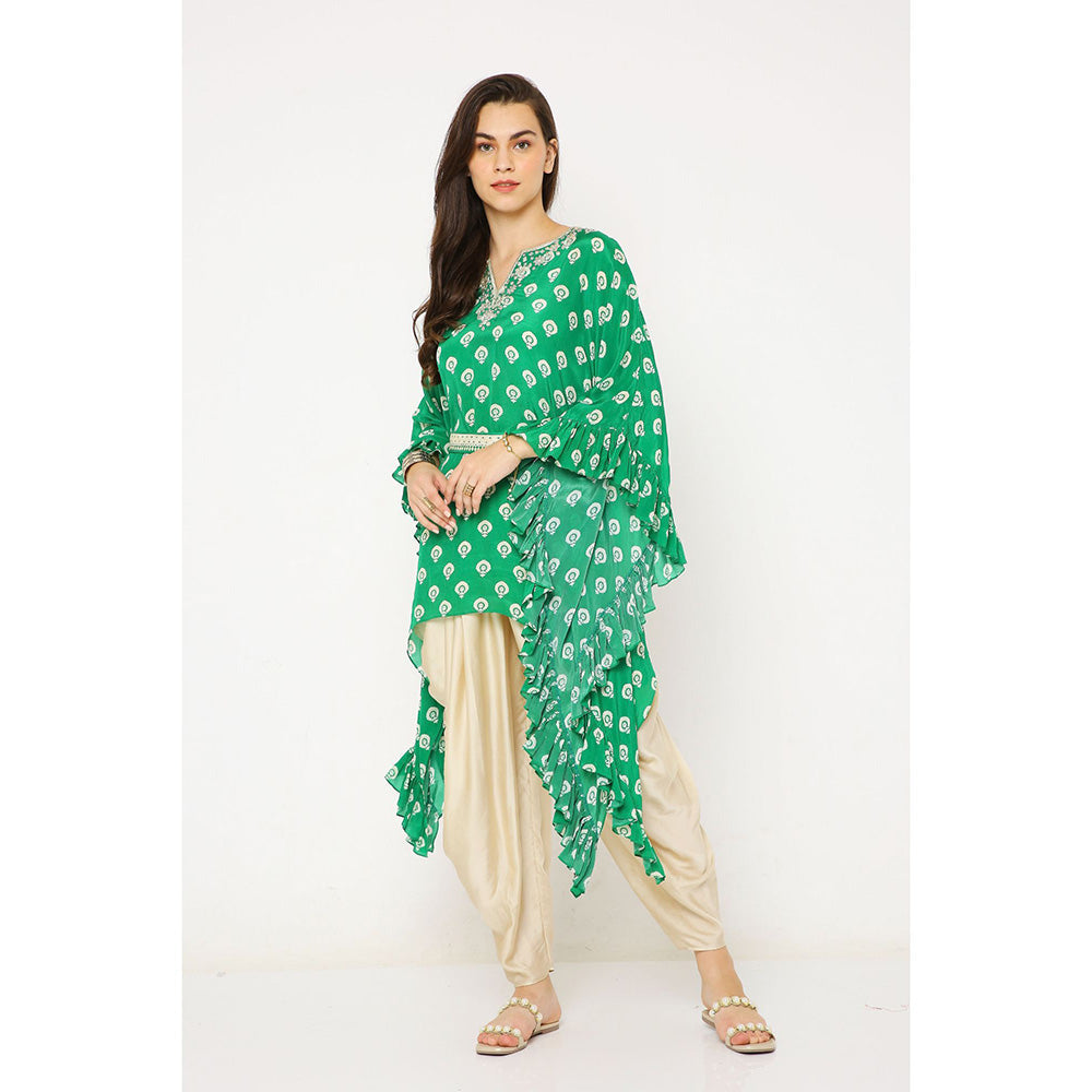 Neha Mehra Green Barfi Crepe Ruffle Kaftan with Belt and Dhoti Pants (Set of 3)