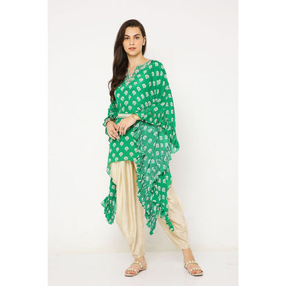 Neha Mehra Green Barfi Crepe Ruffle Kaftan with Belt and Dhoti Pants (Set of 3)