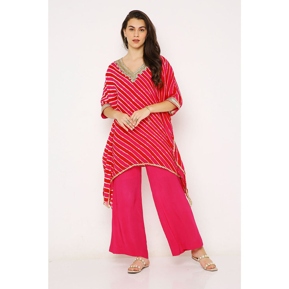 Neha Mehra Pink Red Leheriya Georgette Asymmetrical Kaftan with Palazzo (Set of 2)