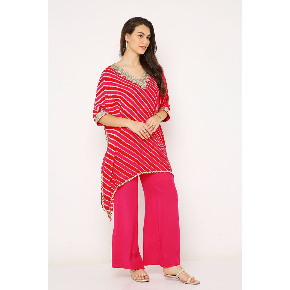 Neha Mehra Pink Red Leheriya Georgette Asymmetrical Kaftan with Palazzo (Set of 2)
