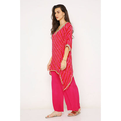 Neha Mehra Pink Red Leheriya Georgette Asymmetrical Kaftan with Palazzo (Set of 2)