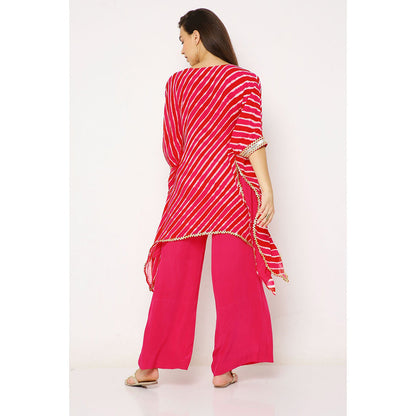 Neha Mehra Pink Red Leheriya Georgette Asymmetrical Kaftan with Palazzo (Set of 2)