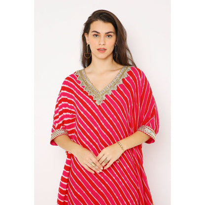 Neha Mehra Pink Red Leheriya Georgette Asymmetrical Kaftan with Palazzo (Set of 2)