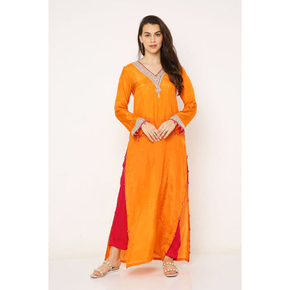 Neha Mehra Orange Silk Embroidered Kurta with Hot Pink Pants (Set of 2)