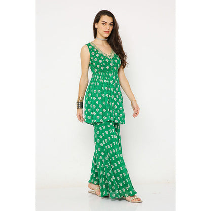 Neha Mehra Green Barfi Georgette Embroidered Peplum Kurti with Sharara (Set of 2)