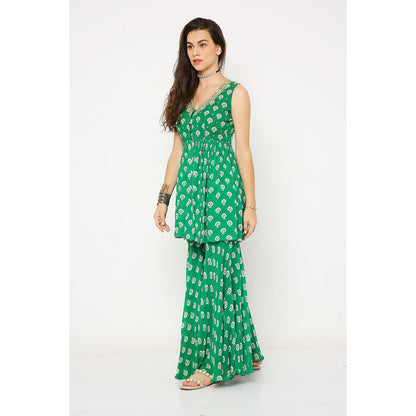 Neha Mehra Green Barfi Georgette Embroidered Peplum Kurti with Sharara (Set of 2)