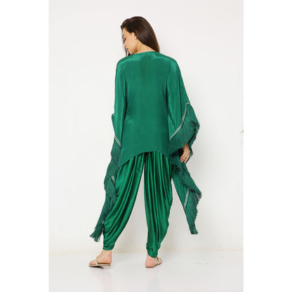 Neha Mehra Green Crepe Asymmetrical Kaftan with Modal Dhoti Pants (Set of 2)