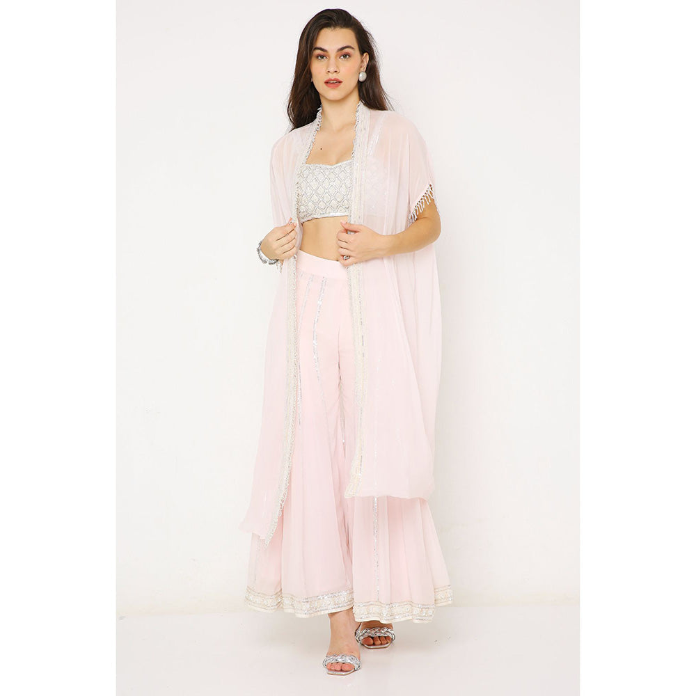 Neha Mehra Candy Pink Georgette Embroidered Bustier with Cape and Sharara (Set of 3)