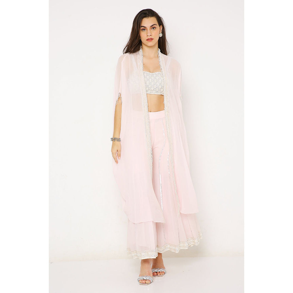 Neha Mehra Candy Pink Georgette Embroidered Bustier with Cape and Sharara (Set of 3)