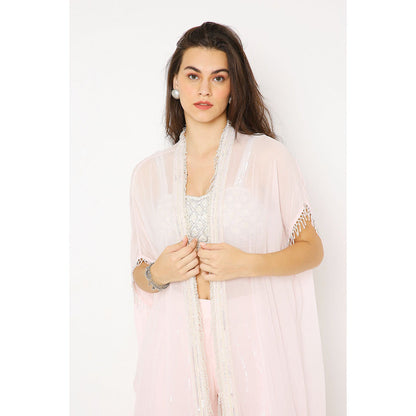 Neha Mehra Candy Pink Georgette Embroidered Bustier with Cape and Sharara (Set of 3)