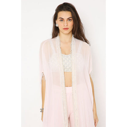 Neha Mehra Candy Pink Georgette Embroidered Bustier with Cape and Sharara (Set of 3)