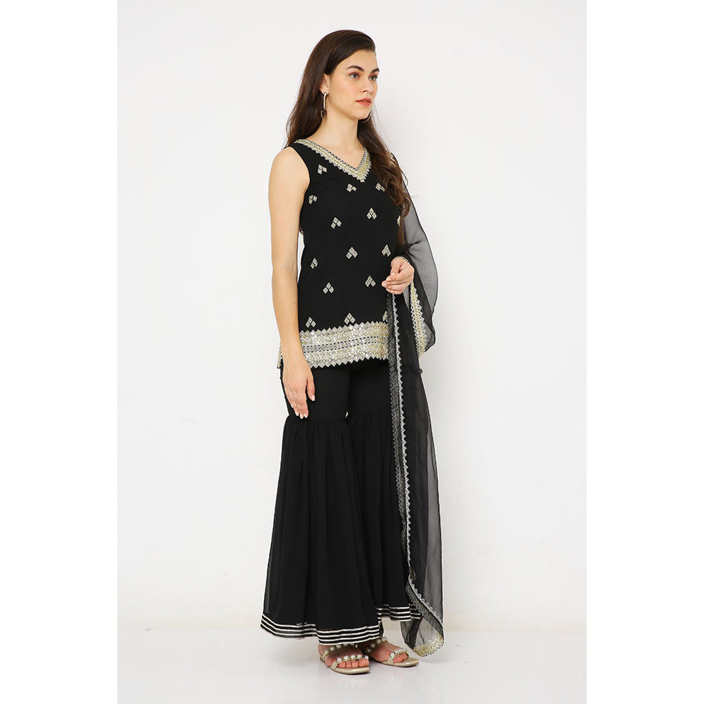 Neha Mehra Black Georgette Embroidered Kurta with Dupatta and Sharara (Set of 3)