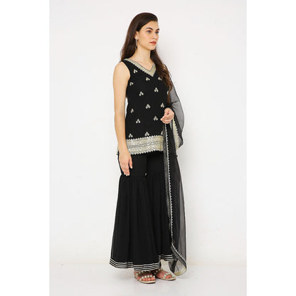 Neha Mehra Black Georgette Embroidered Kurta with Dupatta and Sharara (Set of 3)