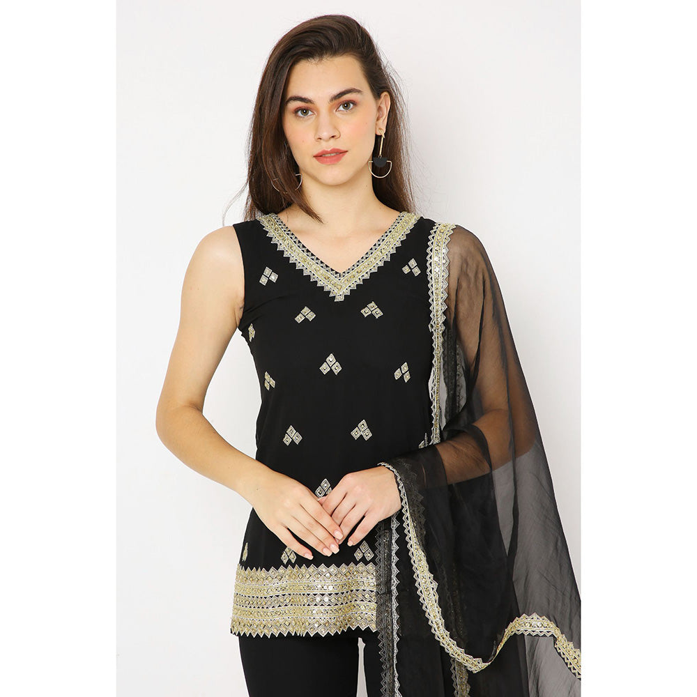 Neha Mehra Black Georgette Embroidered Kurta with Dupatta and Sharara (Set of 3)