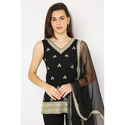 Neha Mehra Black Georgette Embroidered Kurta with Dupatta and Sharara (Set of 3)