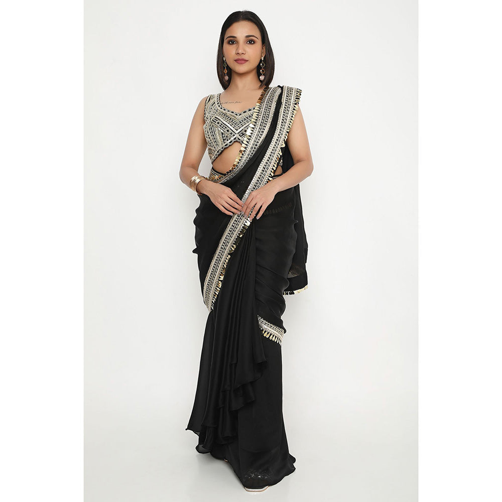 Neha Mehra Black Satin Georgette Pre-Stitched Saree with Embroidered Stitched Blouse