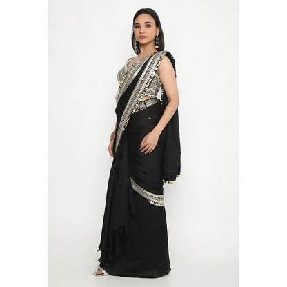 Neha Mehra Black Satin Georgette Pre-Stitched Saree with Embroidered Stitched Blouse