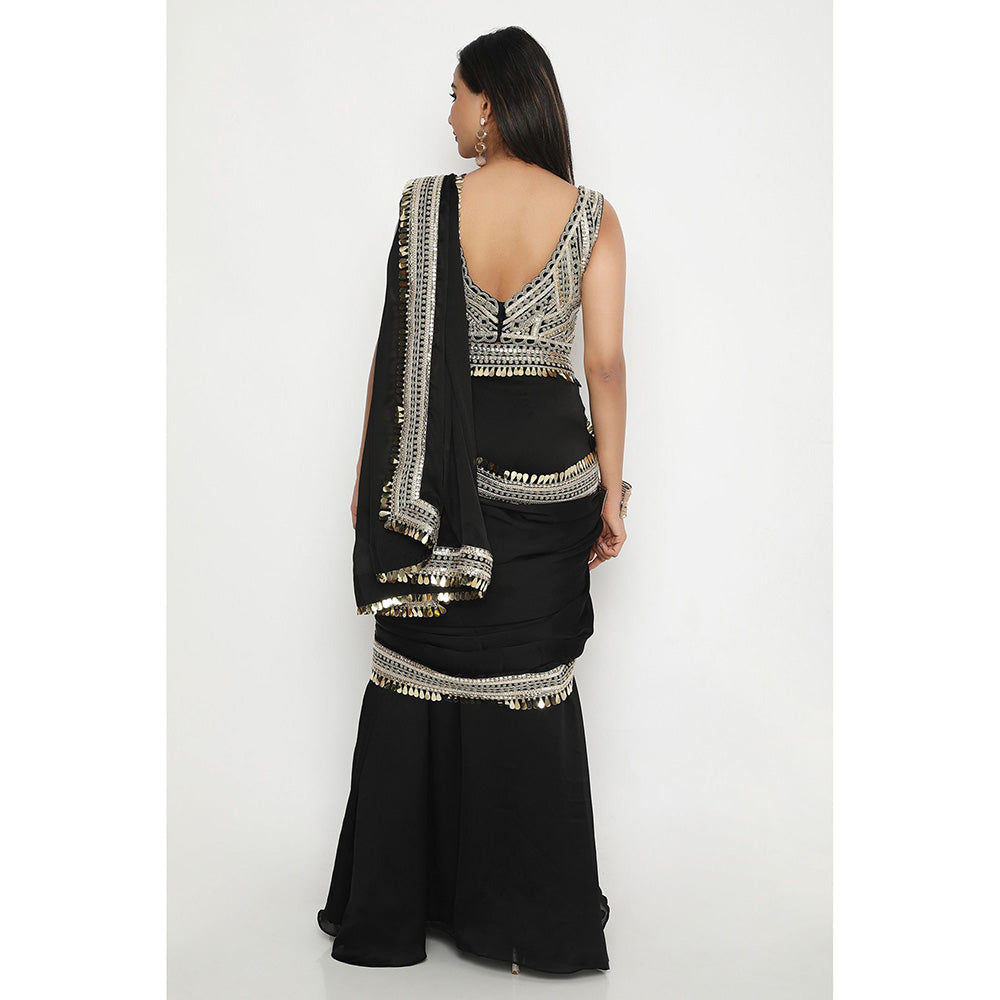 Neha Mehra Black Satin Georgette Pre-Stitched Saree with Embroidered Stitched Blouse