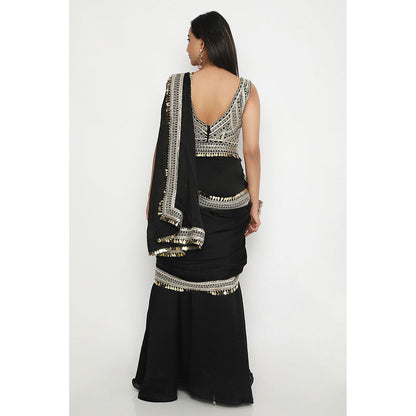 Neha Mehra Black Satin Georgette Pre-Stitched Saree with Embroidered Stitched Blouse