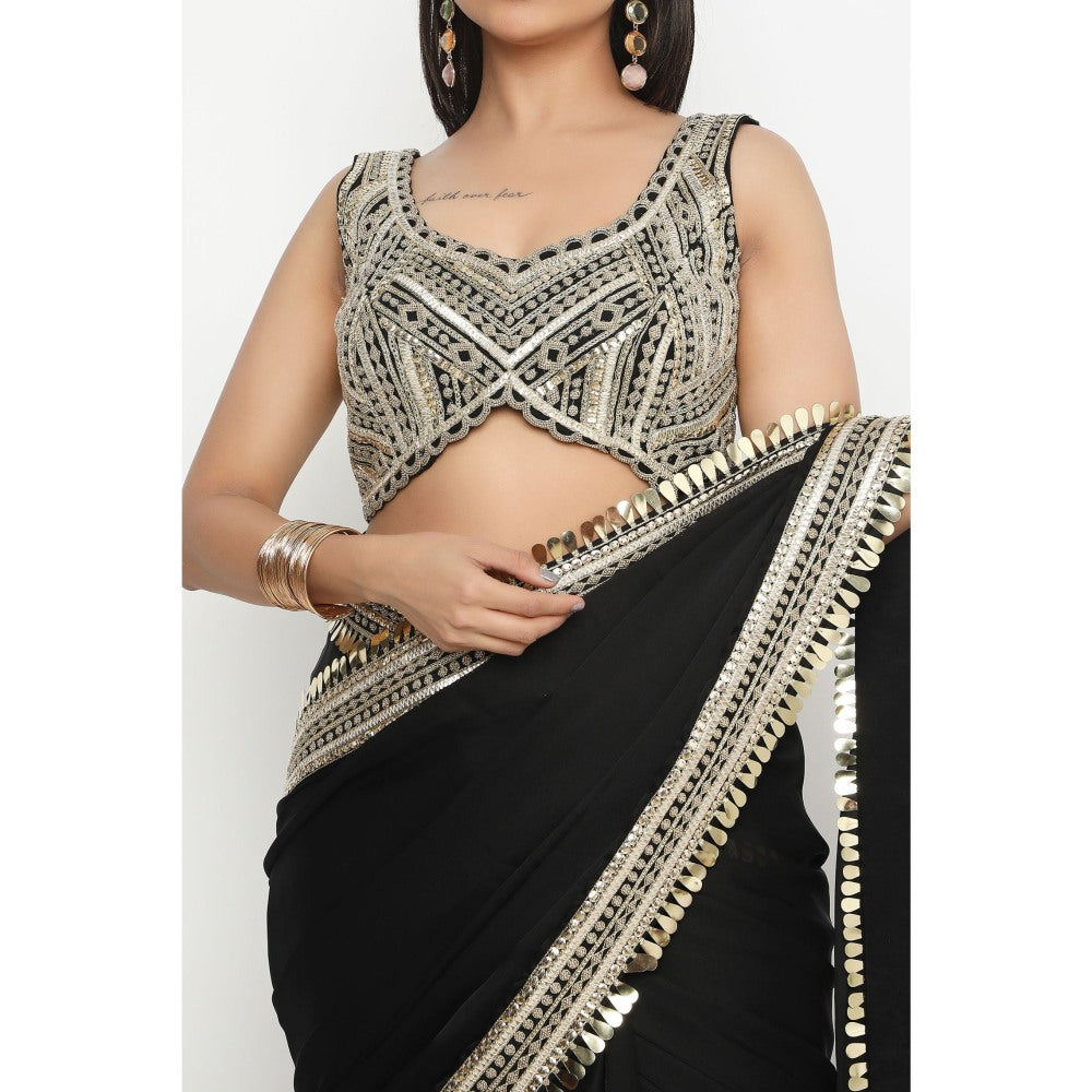Neha Mehra Black Satin Georgette Pre-Stitched Saree with Embroidered Stitched Blouse
