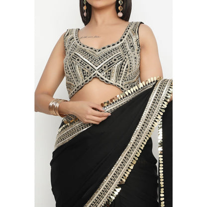 Neha Mehra Black Satin Georgette Pre-Stitched Saree with Embroidered Stitched Blouse