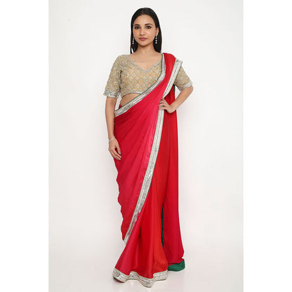 Neha Mehra Red Ombre Satin Georgette Saree with Stitched Blouse